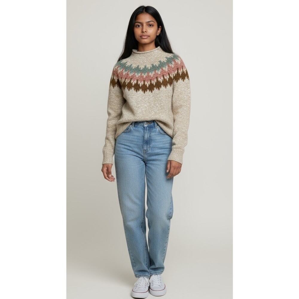 LL Bean Sweater Womens medium  Beige Fair Isle Cotton Chunky Knit Mock Neck